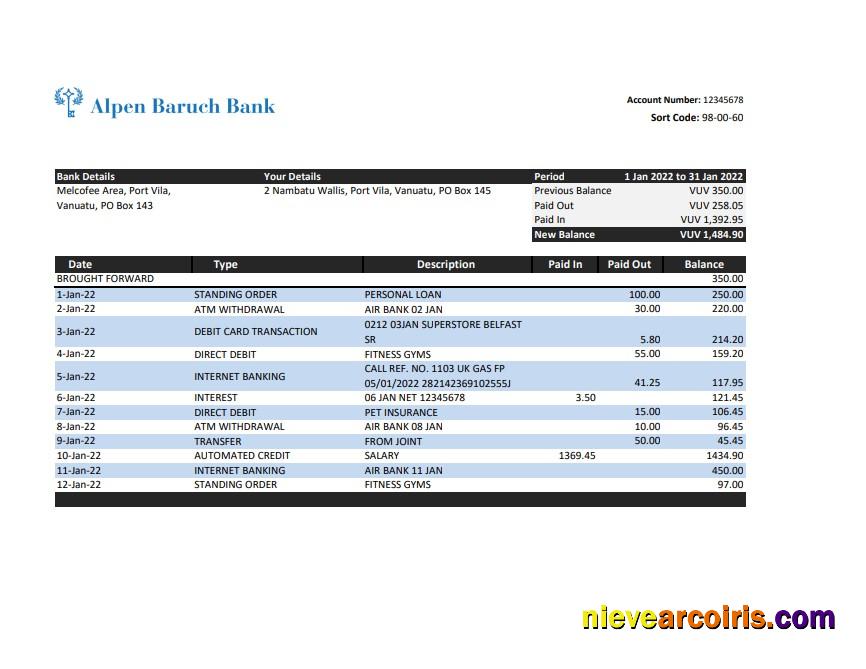 Vanuatu Alpen Baruch bank statement, Excel and PDF